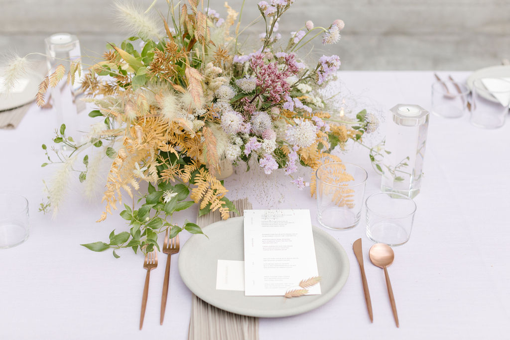 floral piece on a table setting for a Jackson Hole, Grand Teton Wedding