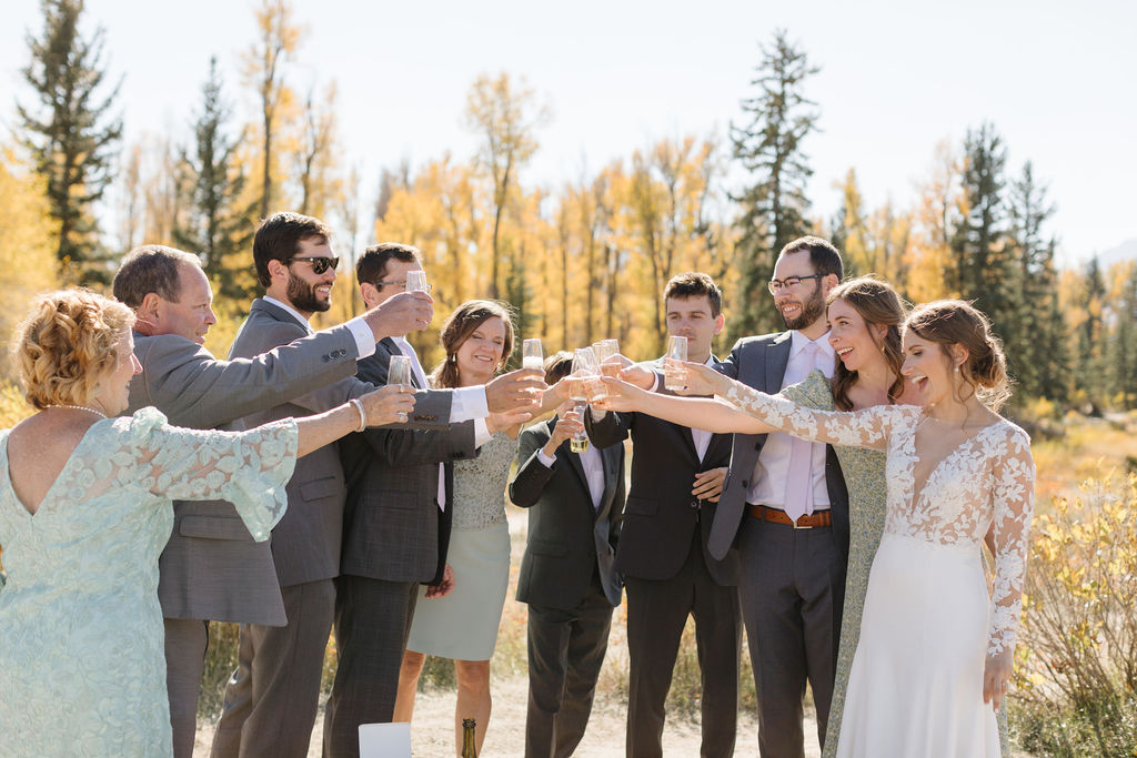 guests cheers-ing at a domestic destination wedding in Jackson Hole