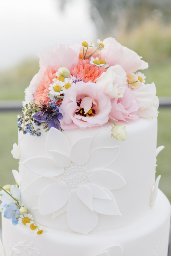 two tied white wedding cake with floral accents 