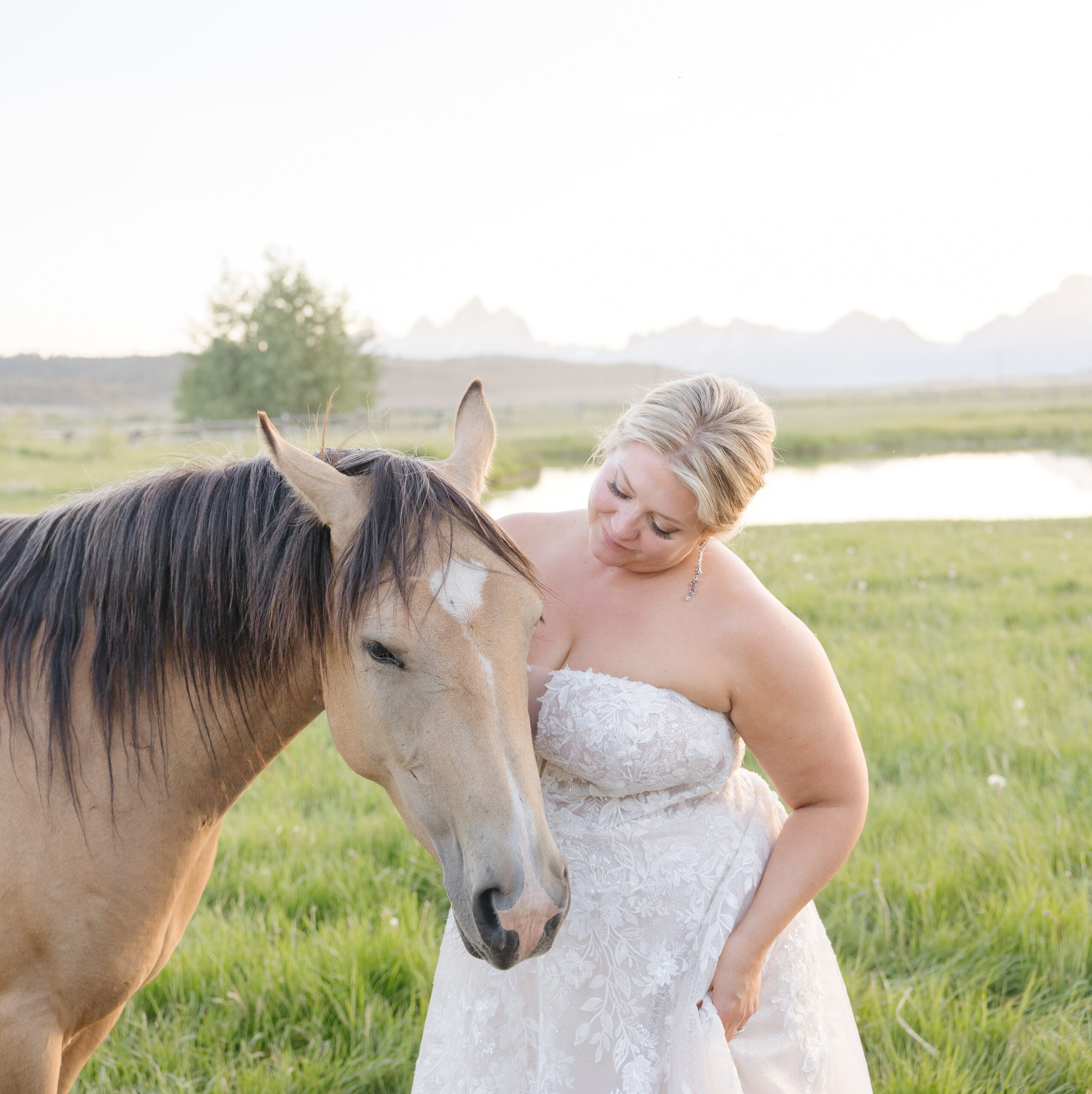 Bride with horse in one of the best elopement locations in the Grand Tetons.