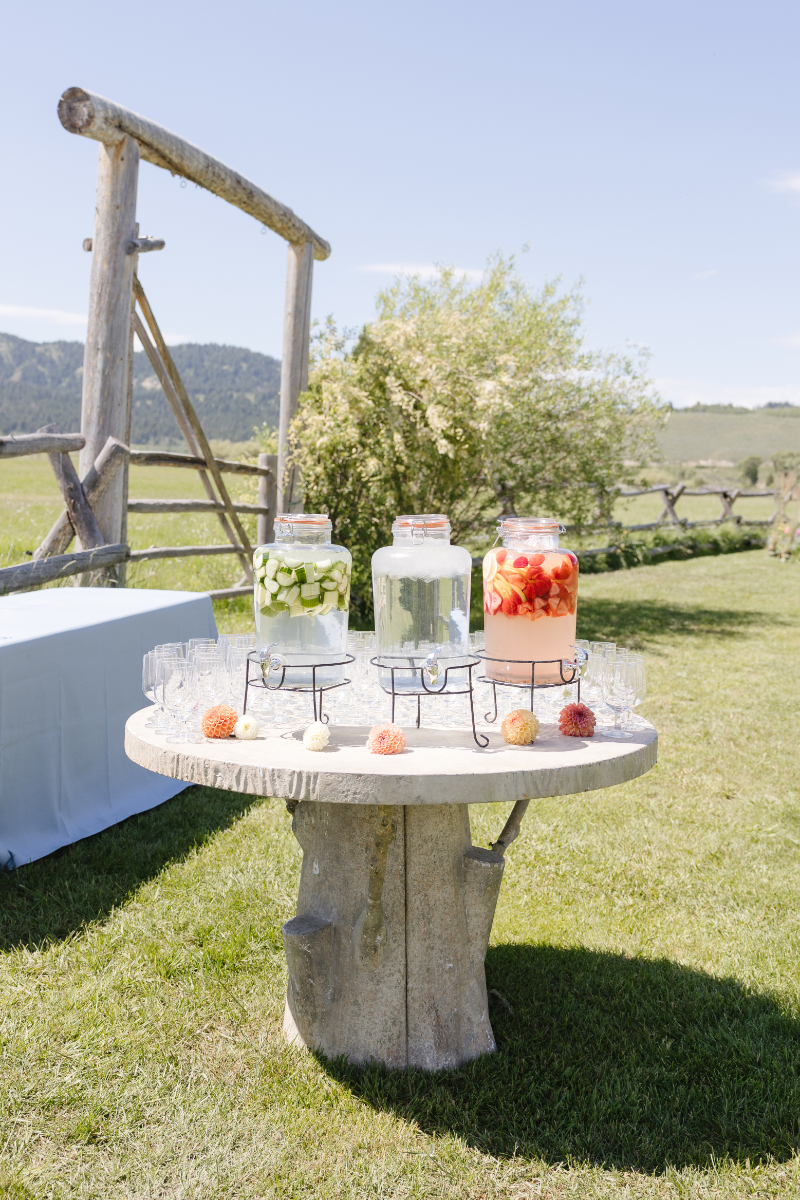 A welcome drink stations greet guests before a destination wedding in Jackson Hole.