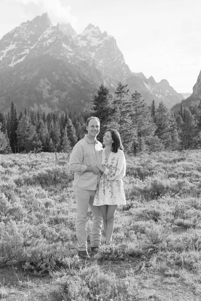 Black and white engagement photos in GTNP
