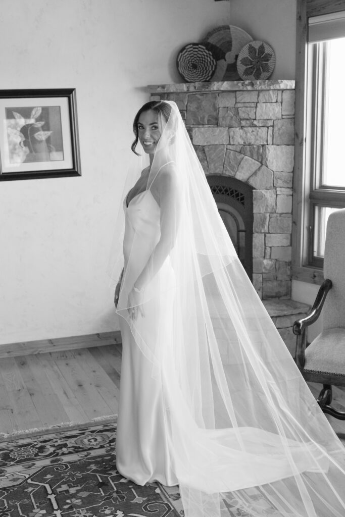 Black and white photo of  bride before wedding in Jackson Hole.