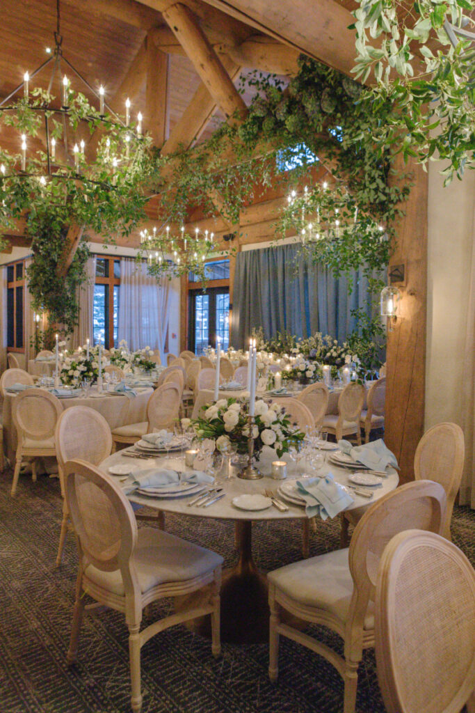 Reception space decorated for winter wedding in Wyoming.
