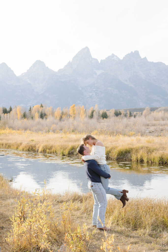 Man chose one of the best places to propose in Jackson Hole, and now him and his fiance are getting engagement photos done while the feelings are still fresh.