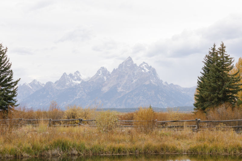View of the Teton mountain range from cocktail hour at a Moose Creek Ranch wedding.