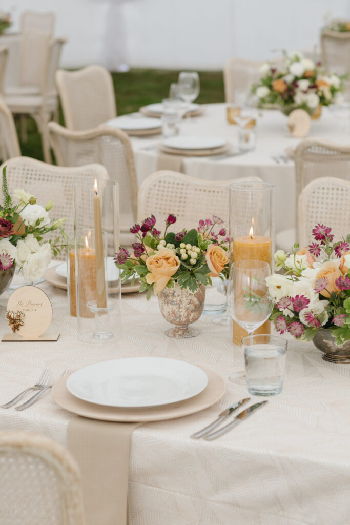 Tables set and decorated for a fall wedding at Moose Creek Ranch.