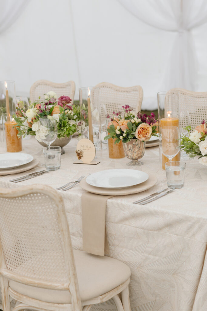 Tables set and decorated for a fall wedding at Moose Creek Ranch.