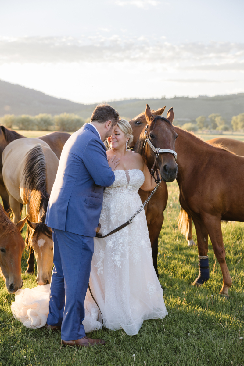Bride and groom share a kiss as they stand in a field surrounded by horses.