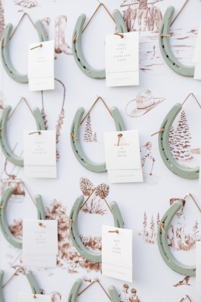 A Yellowstone National park wedding setting arrangement decor with horseshoe.