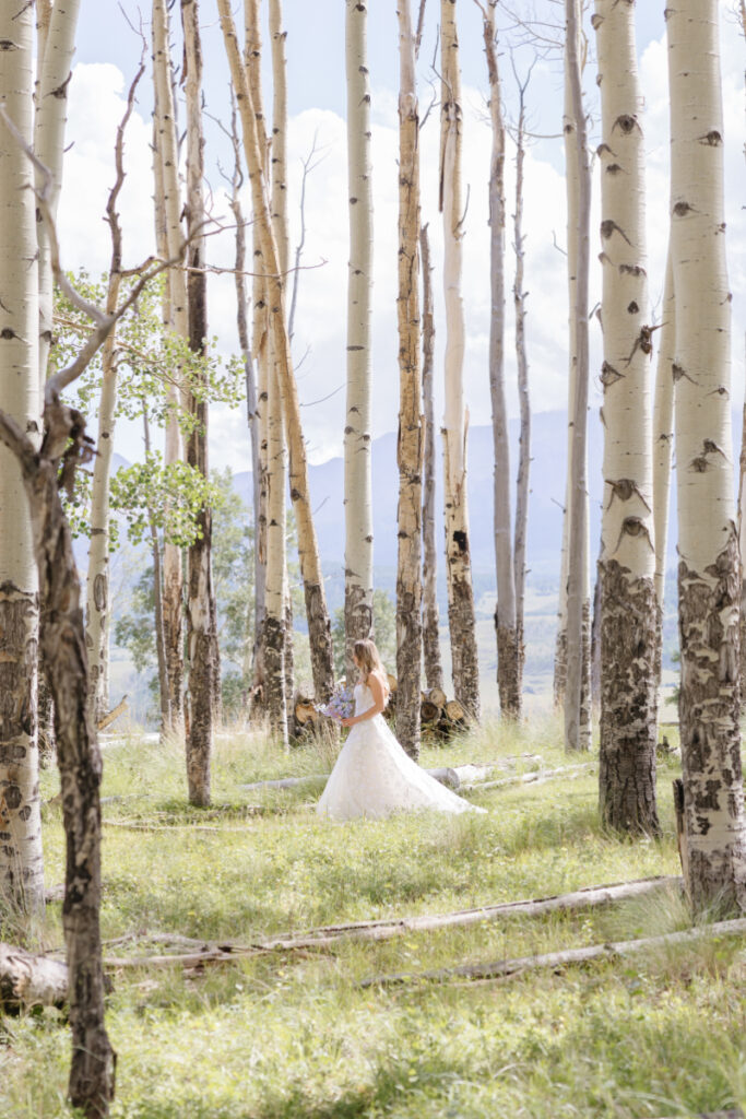 Bride in forest of the Yellowstone National park for her wedding photoshoot.
