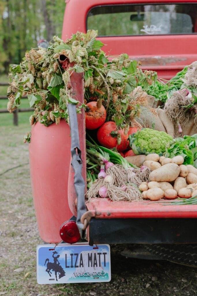 Rustic red truck with fresh produce at a Jackson Hole dude ranch wedding