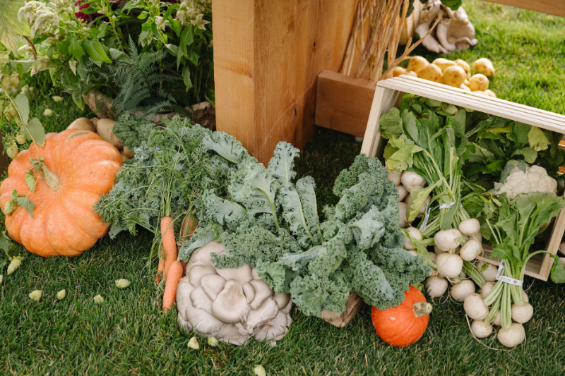 Farm-to-table wedding decor with fresh vegetables and seasonal details