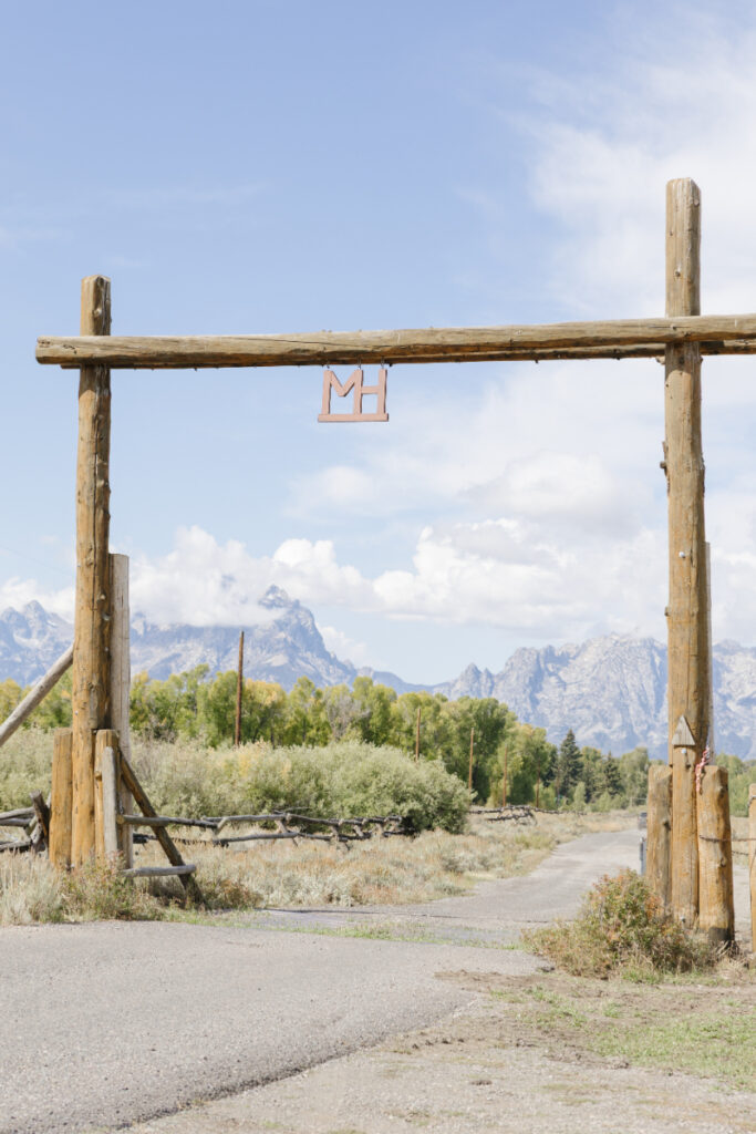 Wooden ranch entrance with Teton mountain views in Jackson Hole