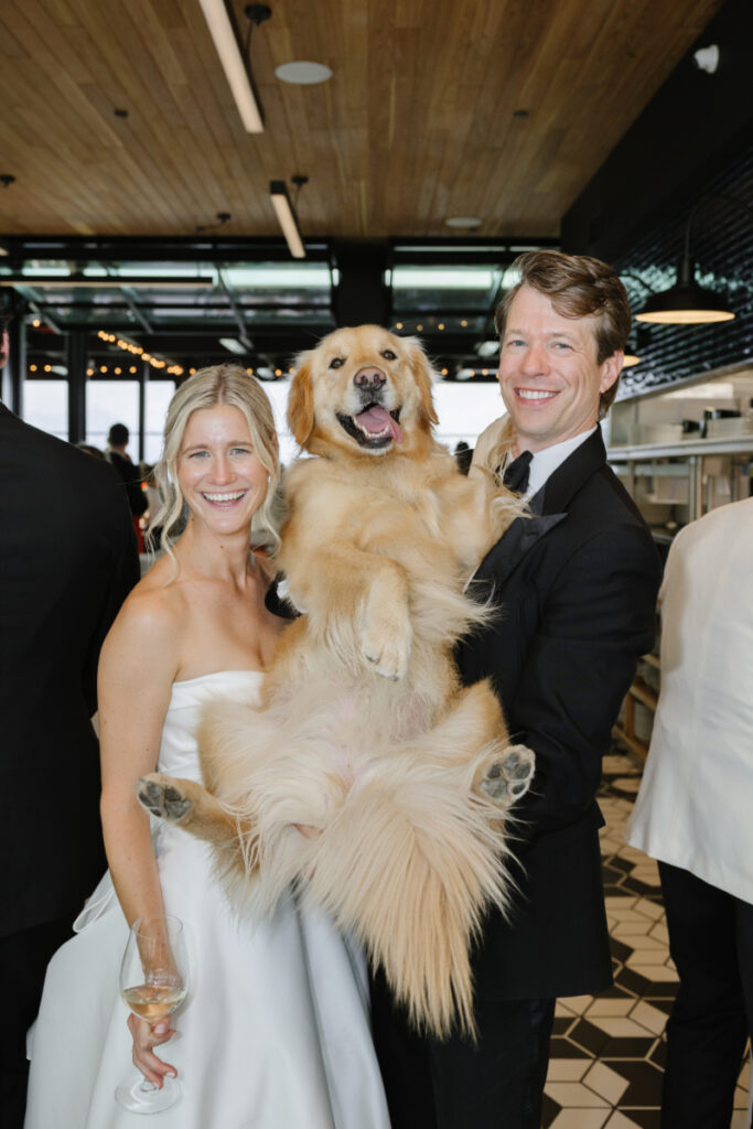 Bride and groom holding their dog during a wedding reception