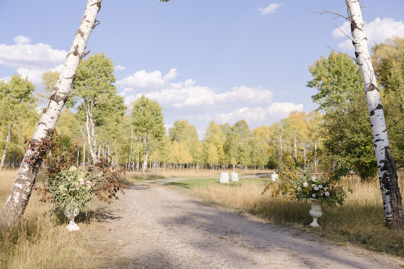 Aspen-lined pathway leading to an outdoor wedding ceremony site in Wyoming