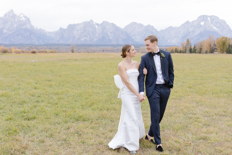 Bride and groom portraits with the Grand Tetons during a fall wedding