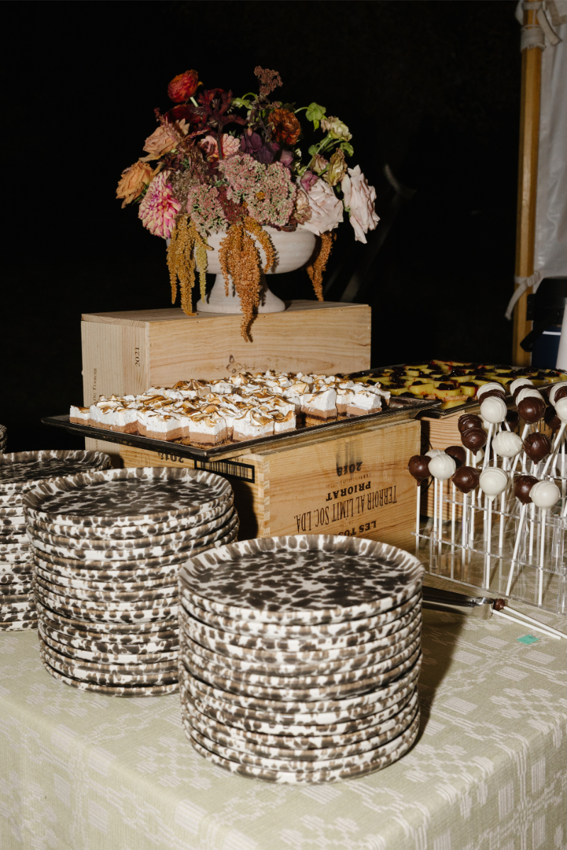 Late-night dessert display with seasonal florals at Snake River Sporting Club wedding reception