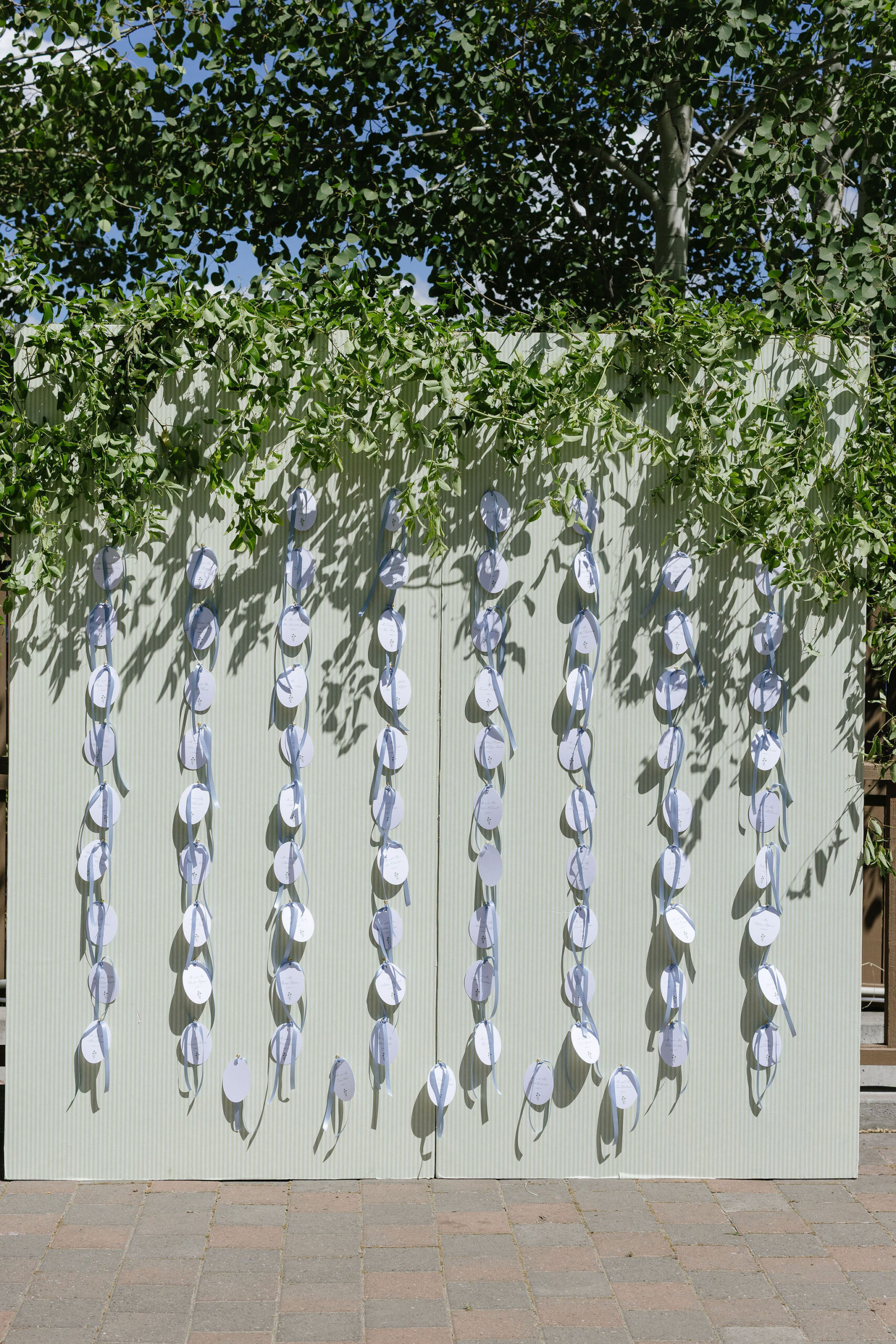Blue and green wedding seating chart with hanging escort cards, greenery, and ribbon details outdoors.