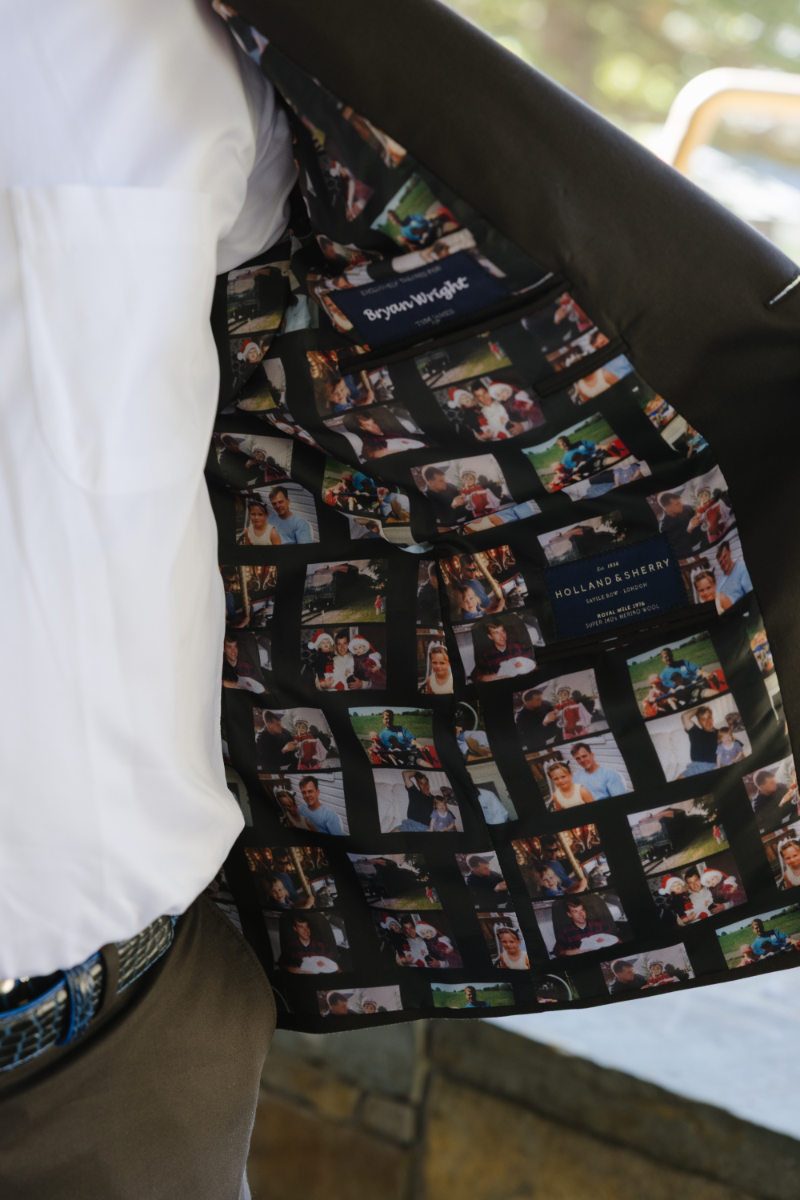Detail of the father's custom suit lining made of up photos of him and the bride during her life growing up.