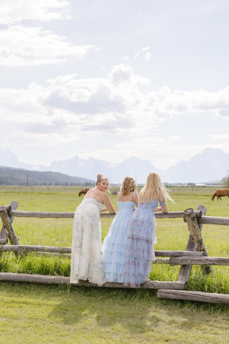 Wedding guests in pastel dresses watching horses against the mountain landscape in Jackson Hole