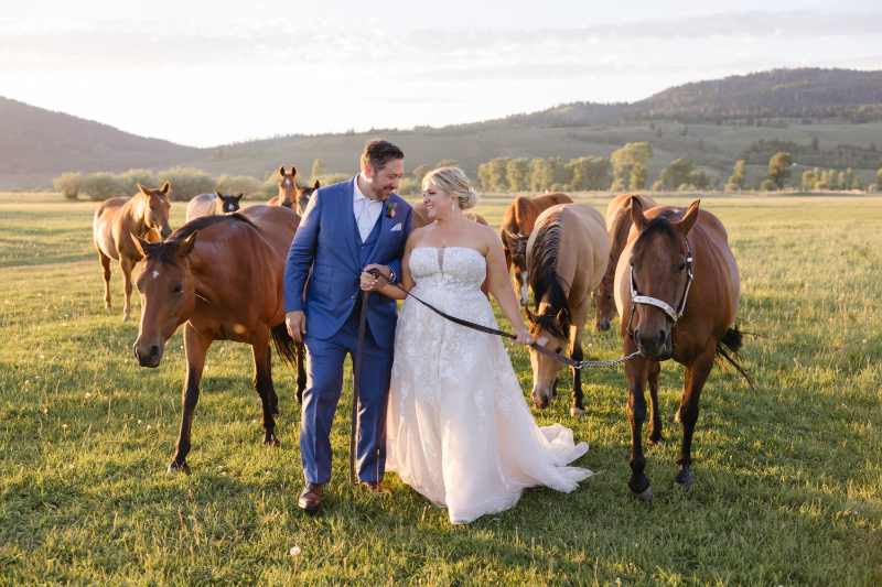 Wedding photography ideas featuring a bride and groom walking with horses during golden hour